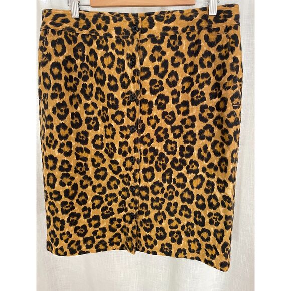 Lauren Ralph Lauren Leopard Print Pencil Skirt Sz 12 Button Front Linen Cotton - Picture 1 of 6